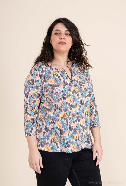 Plus Size Printed Blouse with Front Zip