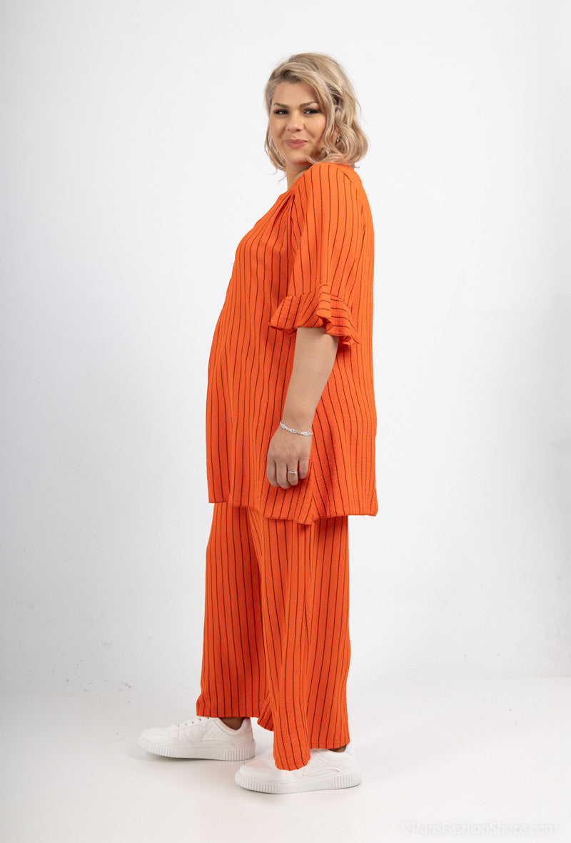 Plus Size Randig Blus med Knappar och Volangärmar