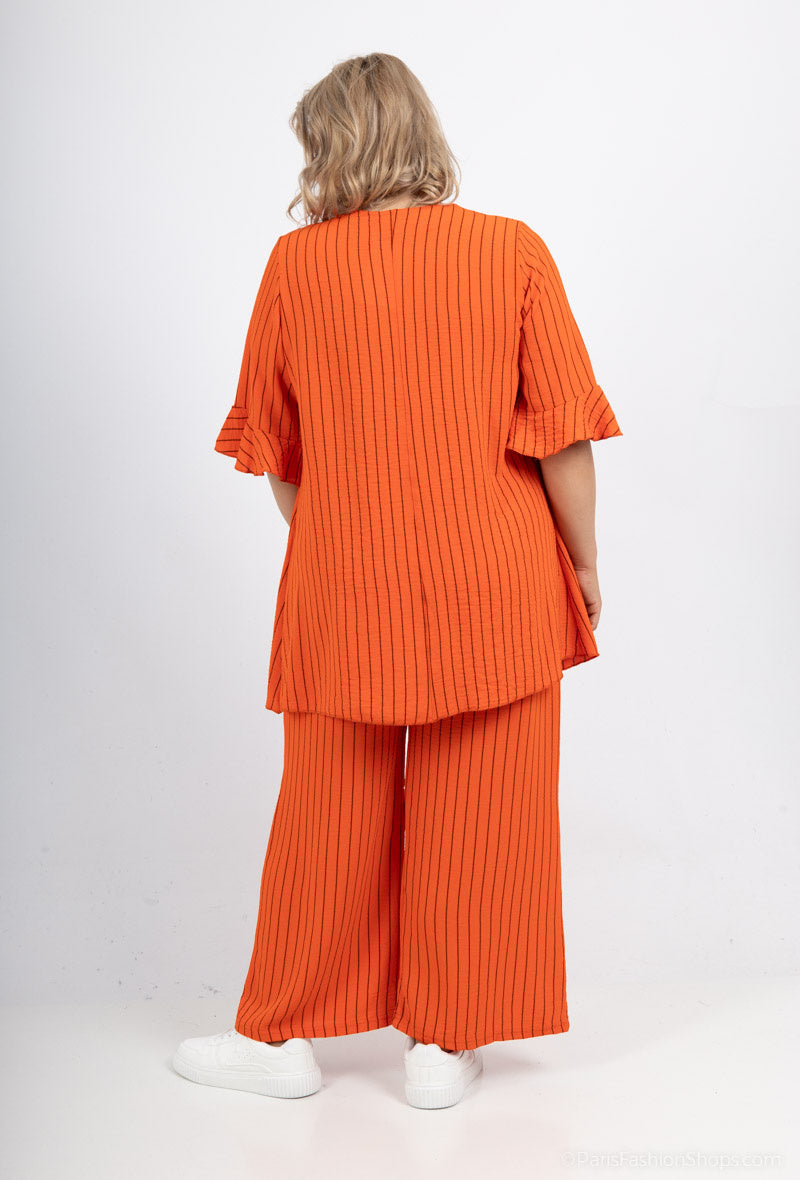 Plus Size Randig Blus med Knappar och Volangärmar