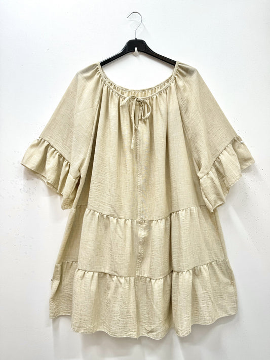 Plus Size Linen-touch viscose babydoll long blouse with overlay effect