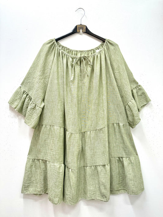 Plus Size Linen-touch viscose babydoll long blouse with overlay effect