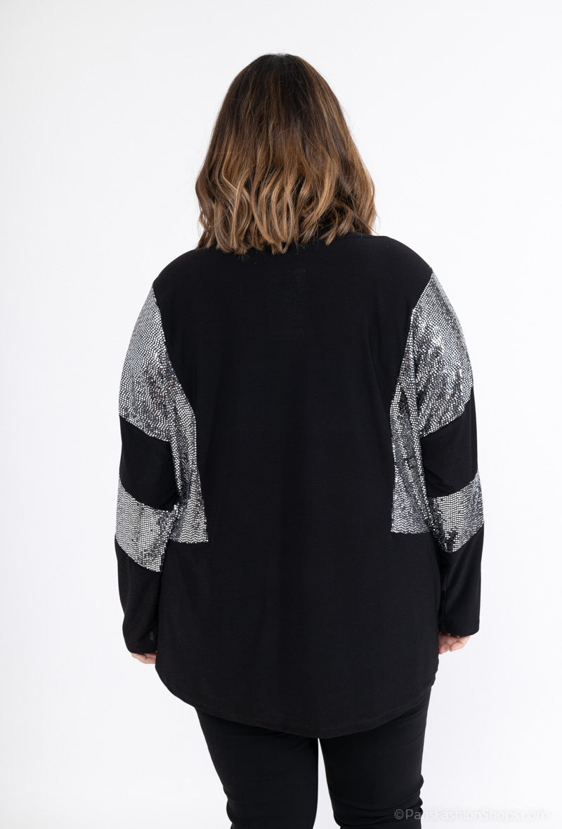 Plus Size Bi-material Blus med Paljetter