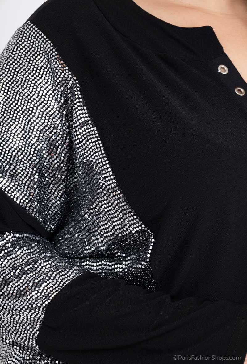 Plus Size Bi-material Blus med Paljetter