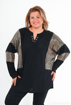 Plus Size Bi-material Blus med Paljetter
