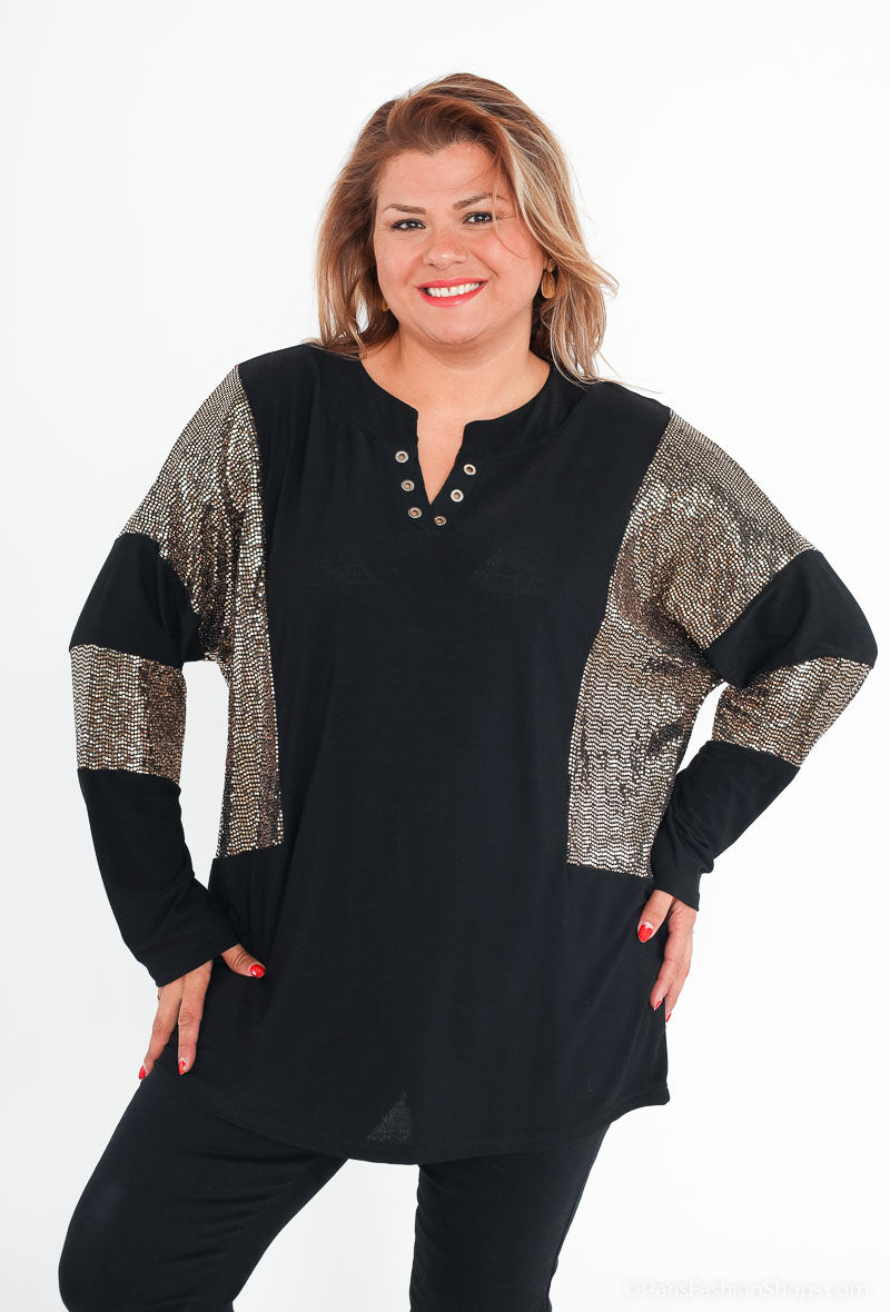Plus Size Bi-material Blus med Paljetter