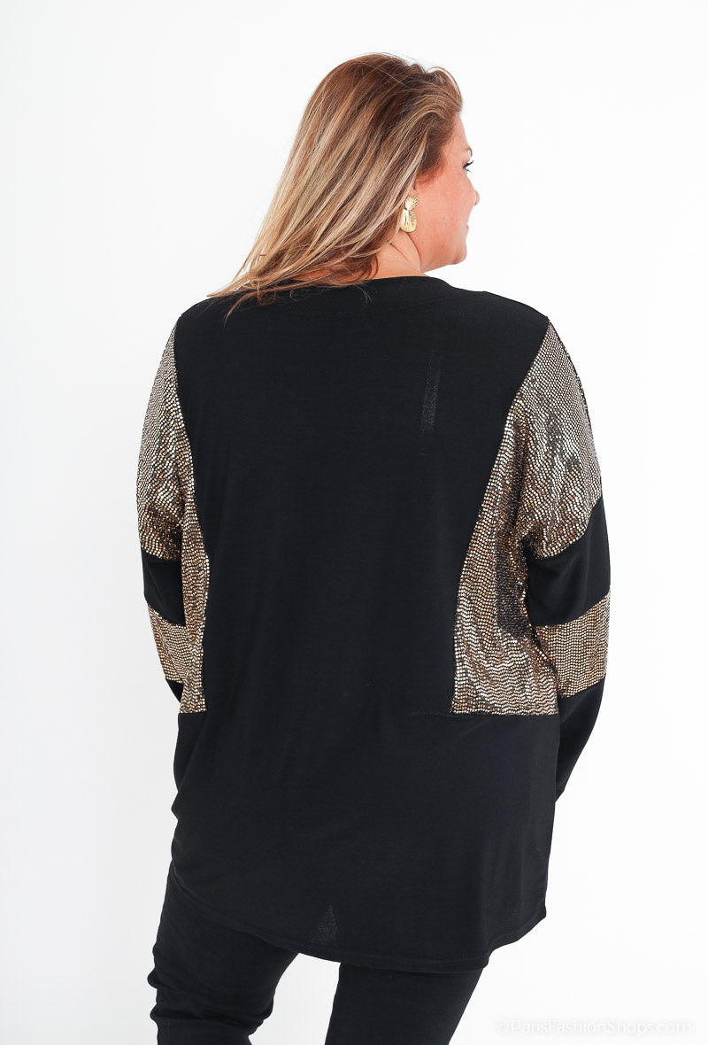 Plus Size Bi-material Blus med Paljetter