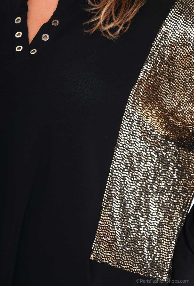 Plus Size Bi-material Blus med Paljetter