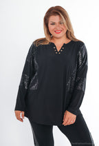Plus Size Bi-material Blus med Paljetter
