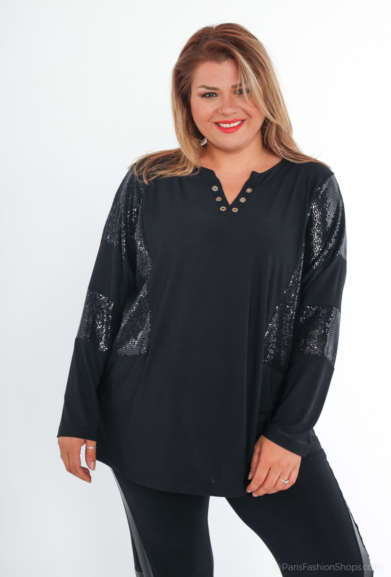 Plus Size Bi-material Blus med Paljetter