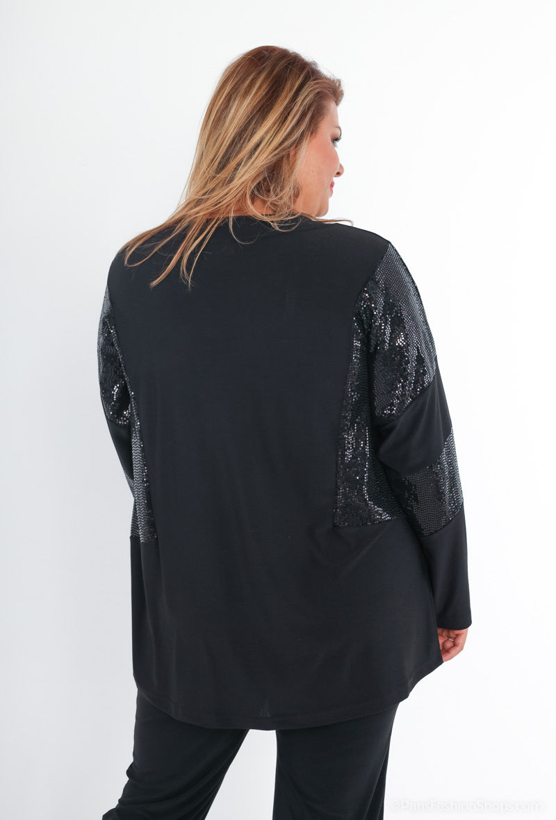 Plus Size Bi-material Blus med Paljetter
