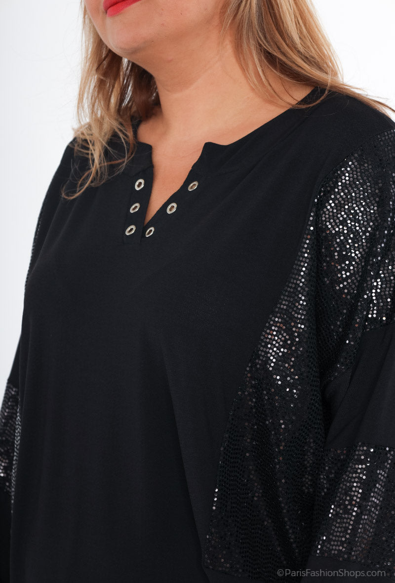 Plus Size Bi-material Blus med Paljetter
