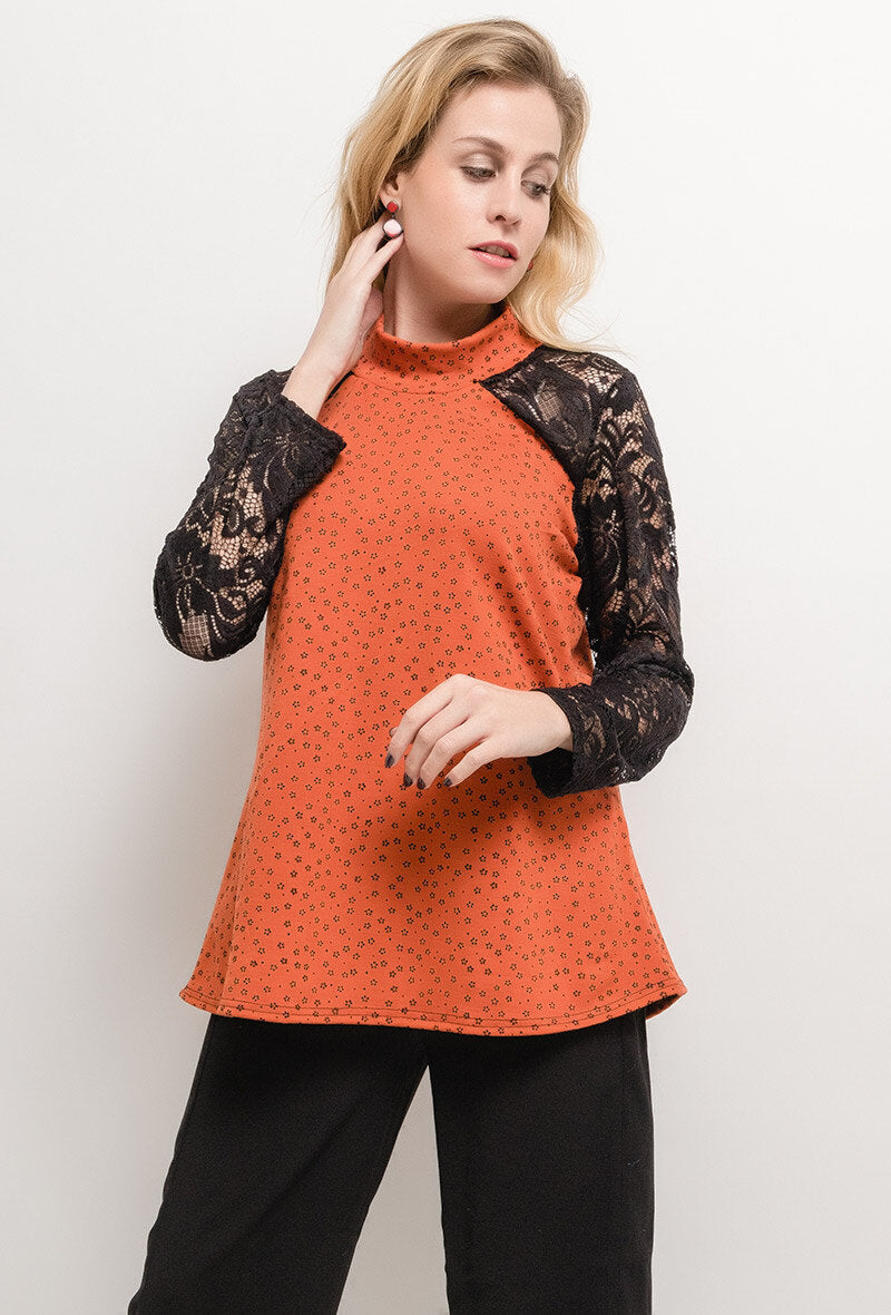 Plus Size Bi-material Blouse with Lace Sleeves