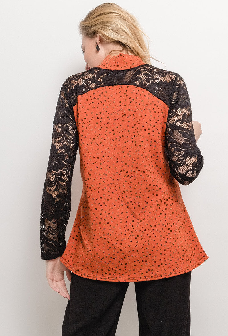 Plus Size Bi-material Blouse with Lace Sleeves