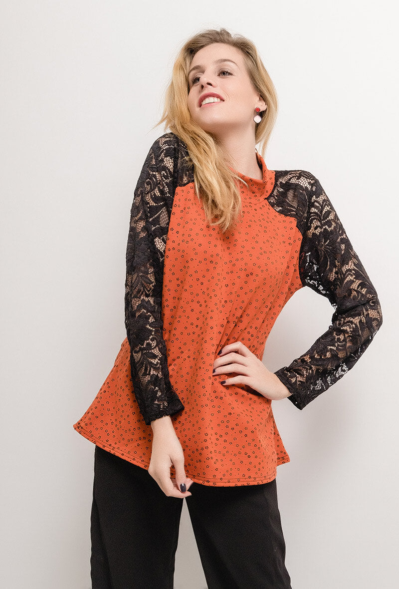 Plus Size Bi-material Blus med Spetsärmar