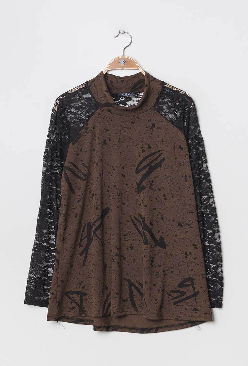 Plus Size Bi-material Blus med Spetsärmar