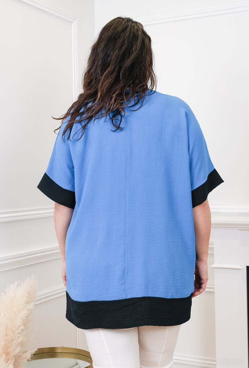 Plus Size V-neck Tvåfärgad Blus med Fladdermusärmar