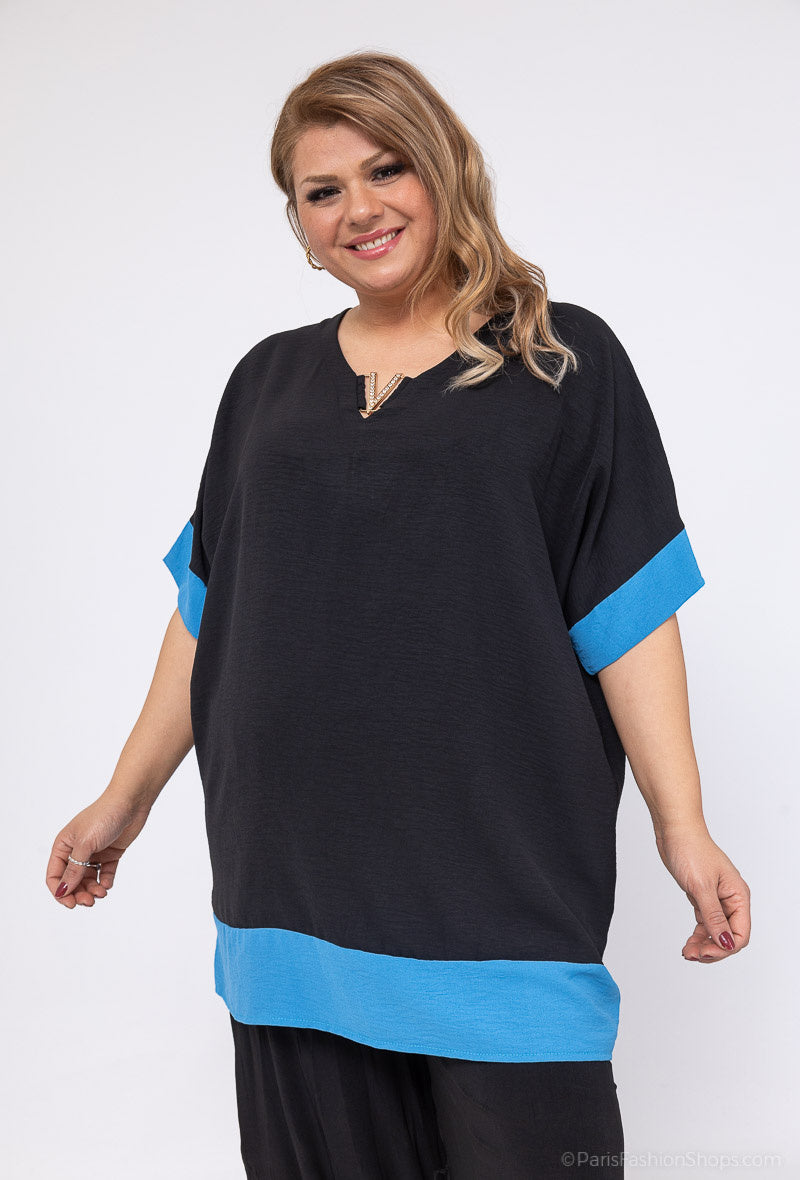 Plus Size V-neck Tvåfärgad Batwingärm Blus