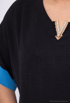 V-ringad tvåfärgad batwing ärmblus i Stor Storlek