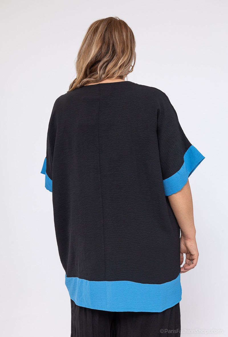 V-ringad tvåfärgad batwing ärmblus i Stor Storlek