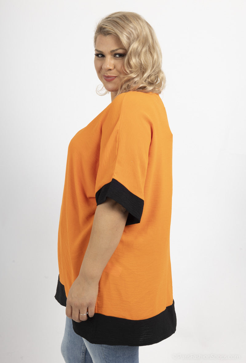 Plus Size Tvåfärgad Blus med Fladdermusärm och V-ringning
