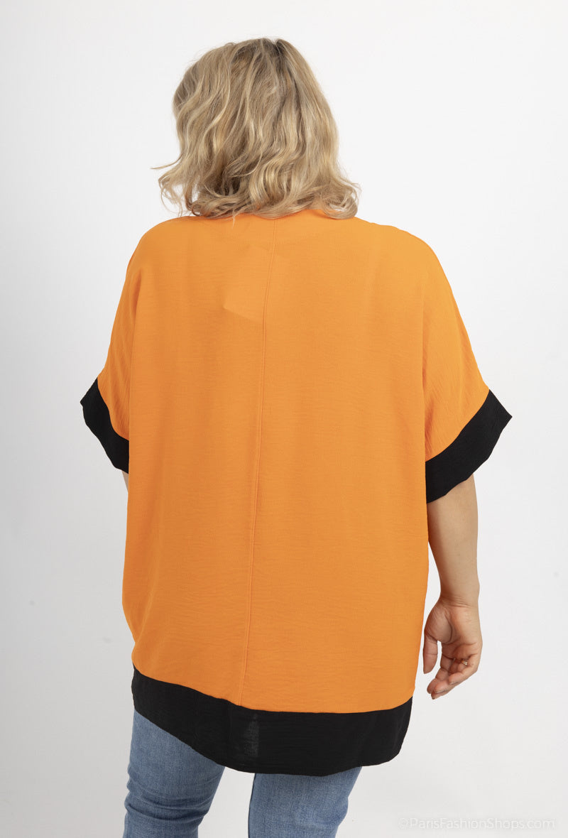 Plus Size Tvåfärgad Blus med Fladdermusärm och V-ringning