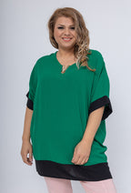 Plus Size Two-tone batwing sleeve blouse with V-neck