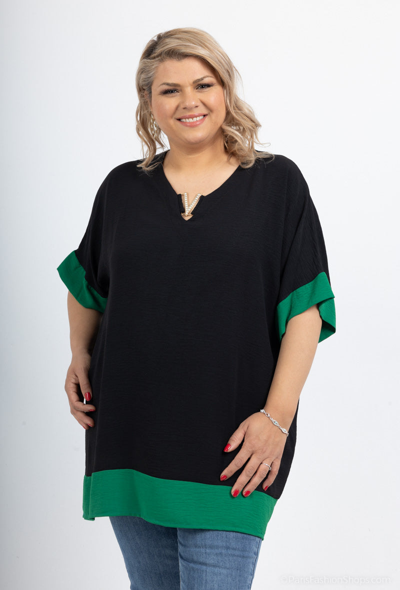 Plus Size Two-tone batwing sleeve blouse with V-neck