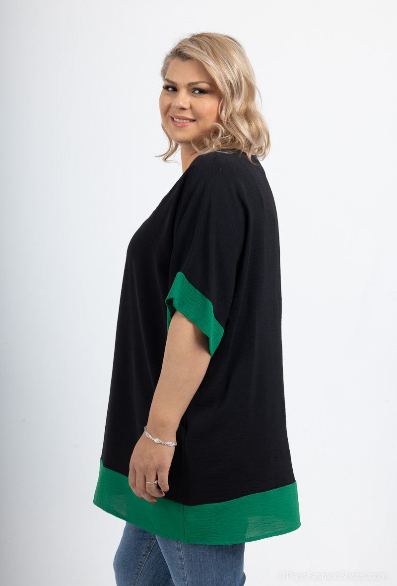 Plus Size Tvåtonad Blus med Batwingärm och V-ringning