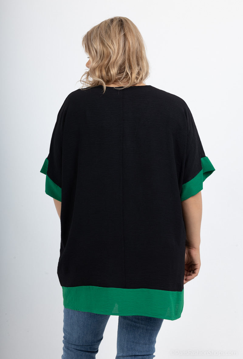 Plus Size Tvåtonad Blus med Batwingärm och V-ringning