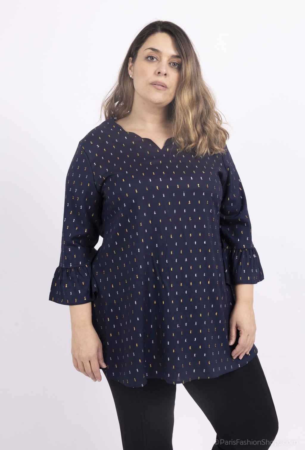 Plus Size Viskos V-ringad Blus med Utsvängda Ärmar
