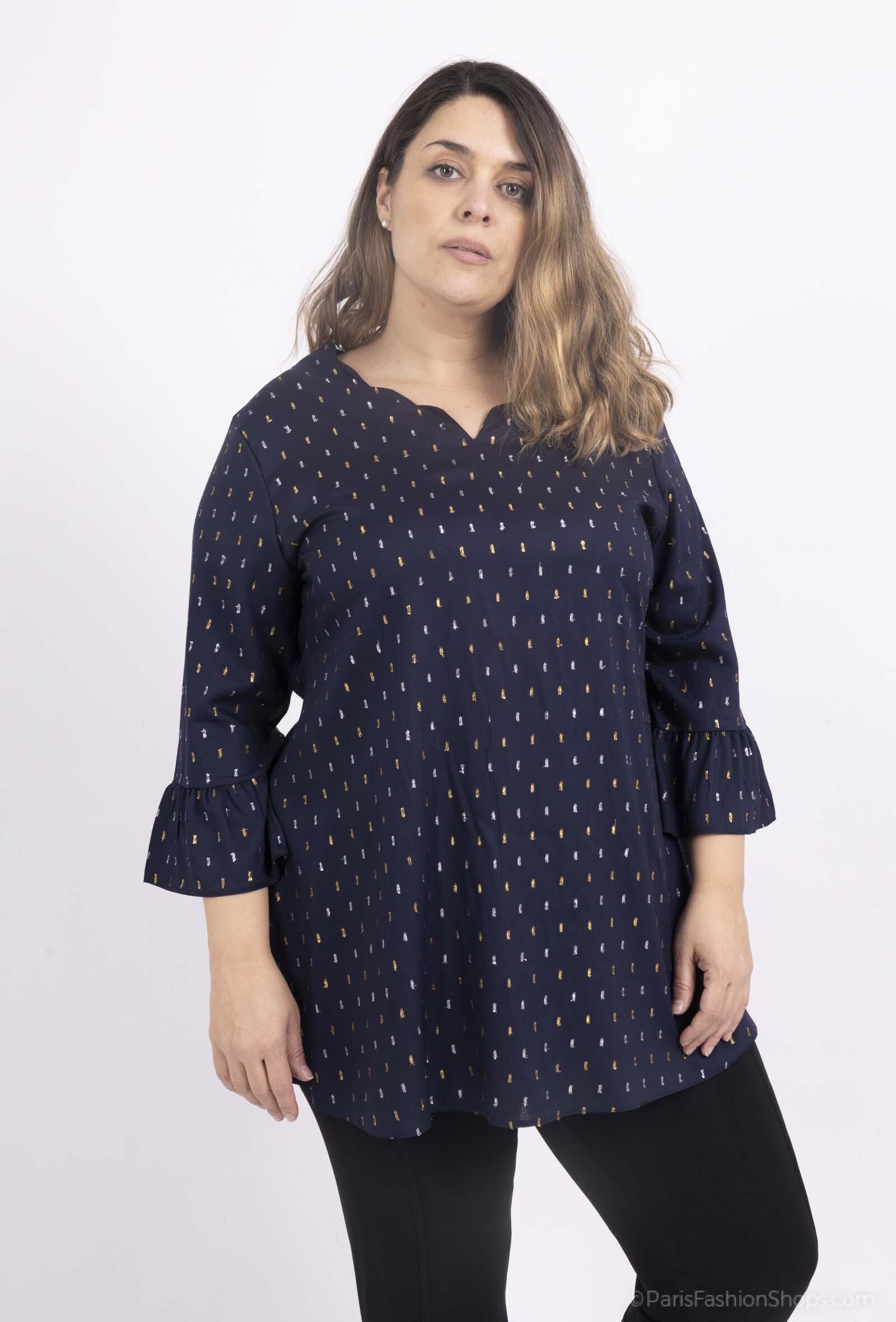 Plus Size Viskos V-ringad Blus med Utsvängda Ärmar