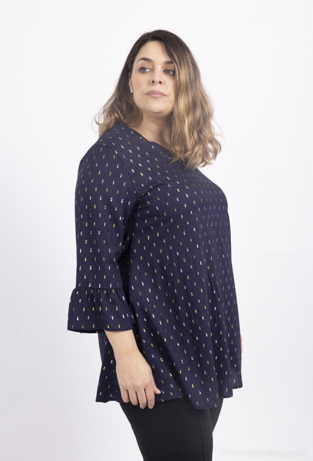 Plus Size Viskos V-ringad Blus med Utsvängda Ärmar