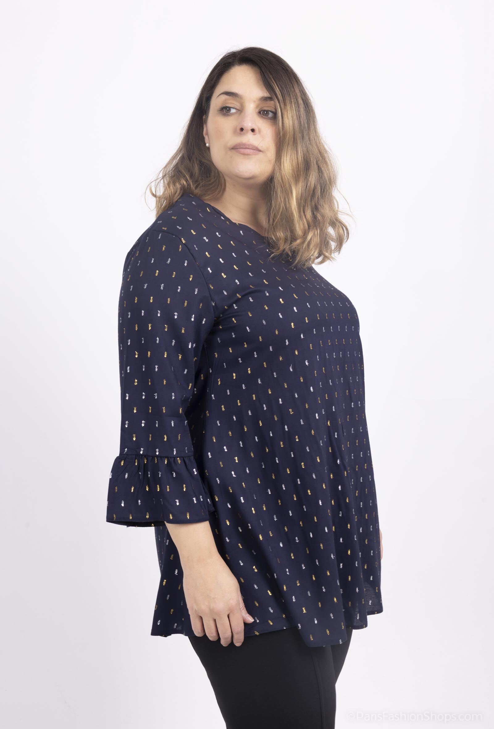 Plus Size Viskos V-ringad Blus med Utsvängda Ärmar