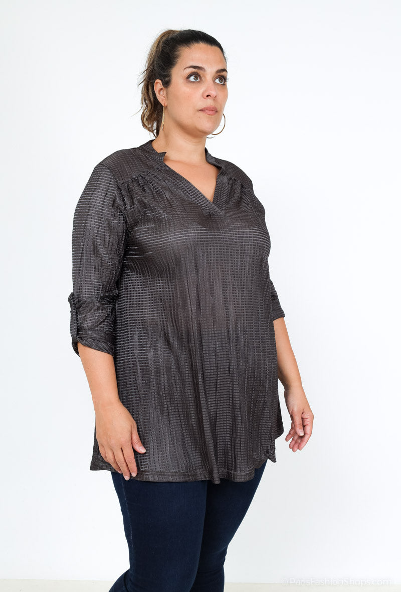 Plus Size Pleated v-neck blouse with tab sleeves