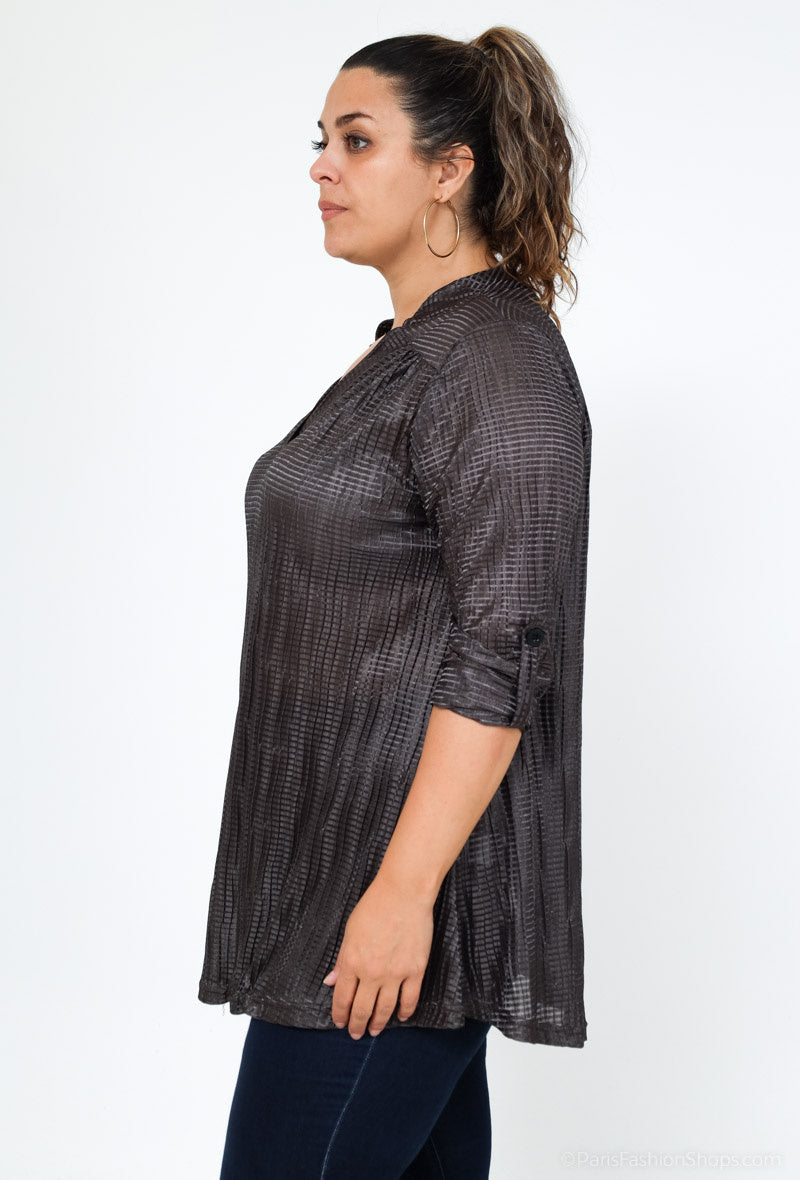Plus Size Plisserad V-ringad Blus med Tabärmar