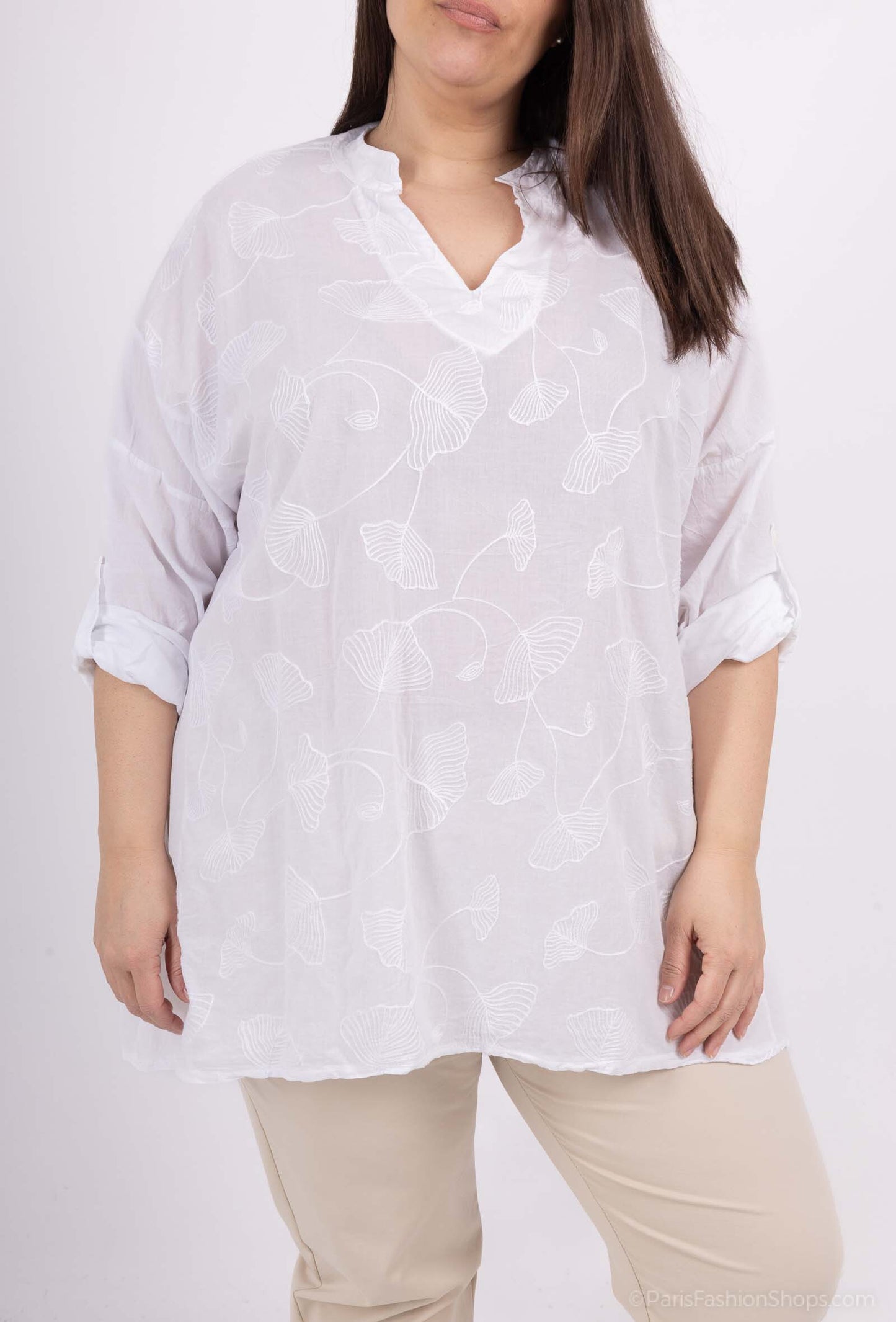 Plus Size Cotton blouse with ginkgo embroidery details