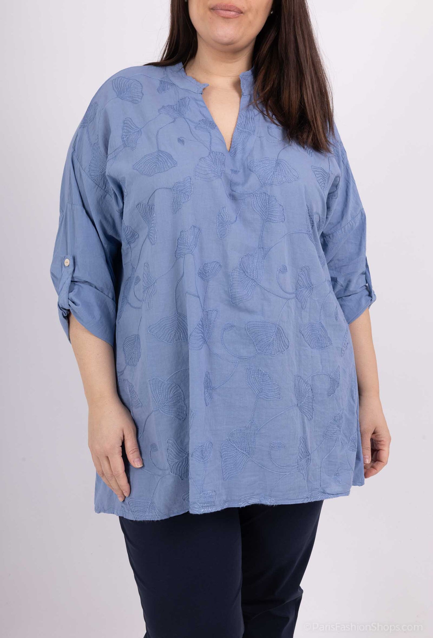Plus Size Cotton blouse with ginkgo embroidery details