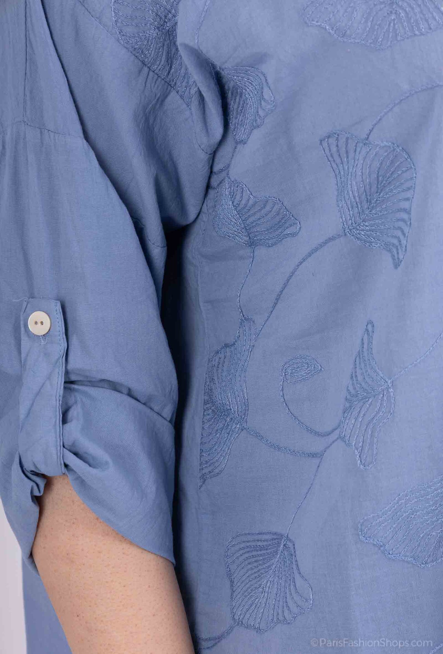 Plus Size Bomull Blus med Ginkgo Broderi