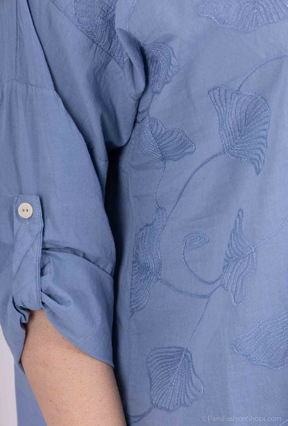 Plus Size Bomull Blus med Ginkgo Broderi