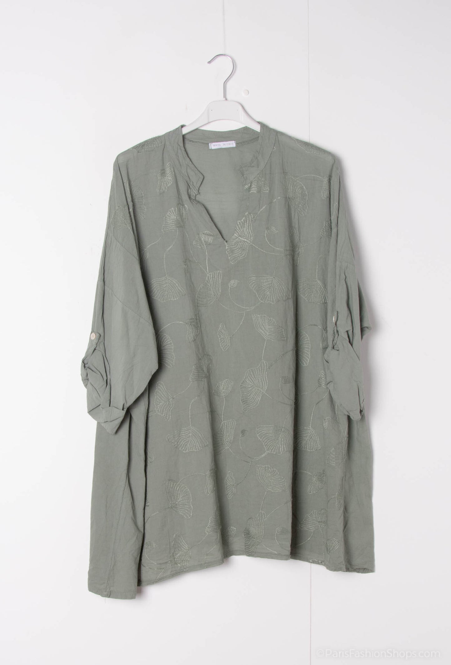 Plus Size Cotton blouse with ginkgo embroidery details