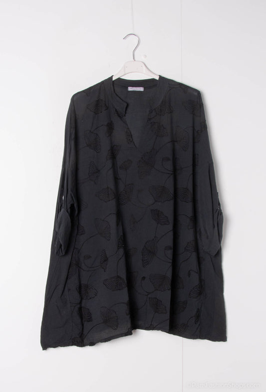 Plus Size Cotton blouse with ginkgo embroidery details