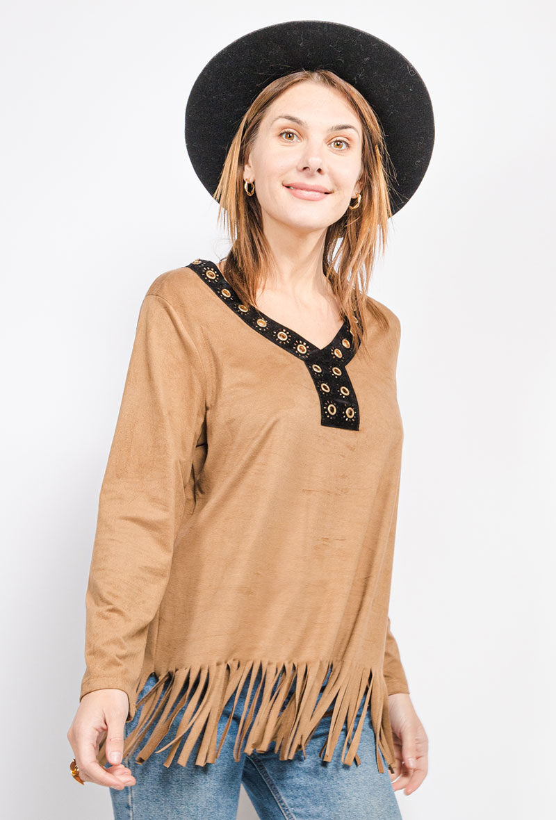 Plus Size Suede Blus med Fringes