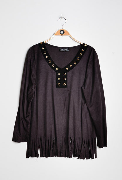 Plus Size Suede Blouse with Fringes