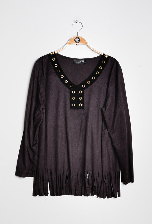Plus Size Suede Blouse with Fringes