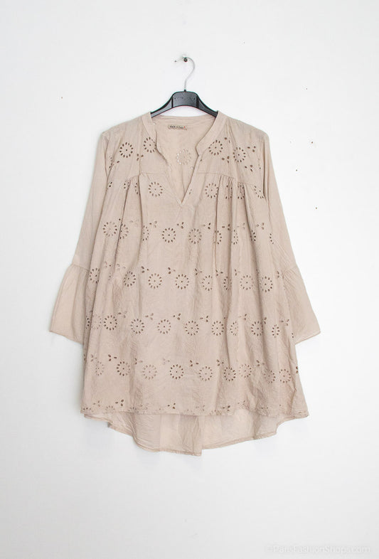 Plus Size Embroidered cotton blouse with trumpet sleeves