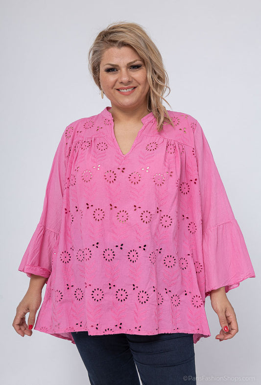 Plus Size Embroidered cotton blouse with trumpet sleeves