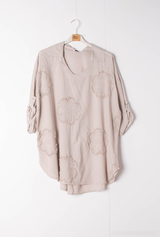 Plus Size Cotton shirt/ blouse with rosette embroideries