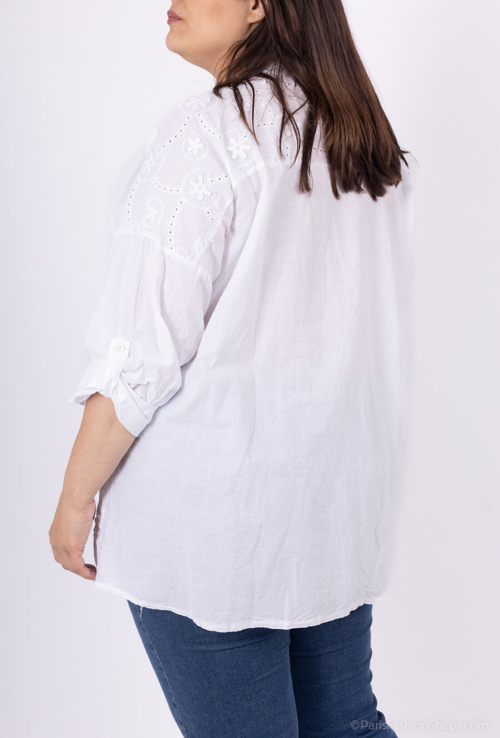Plus Size Bomull Blus med Engelsk Broderi