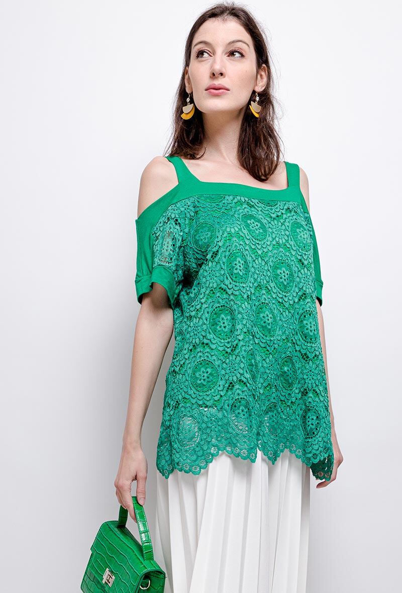 Plus Size Spetsblus med Kalla Axlar
