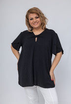 Plus Size Blus med Nyckelhålsknäppning i Linne-Liknande Tyg